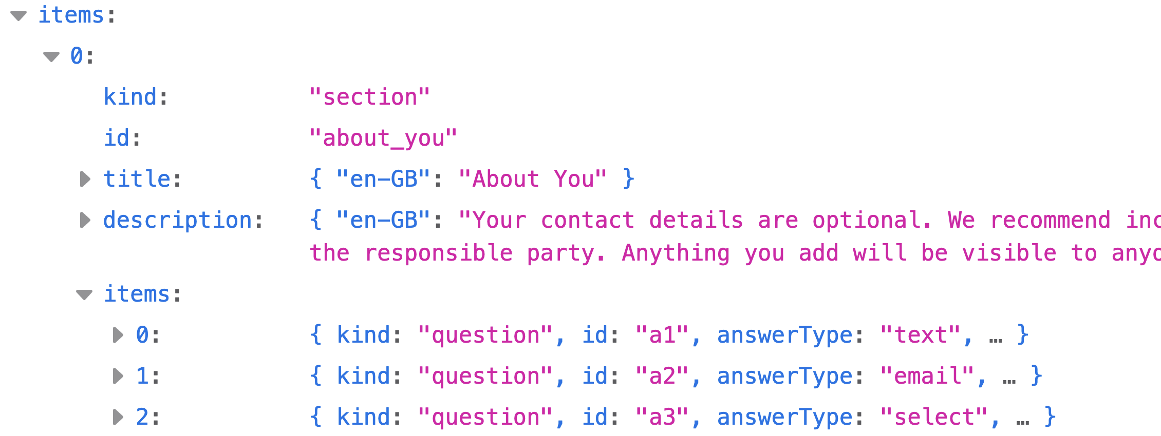 The first section, which contains an item array with three questions in.