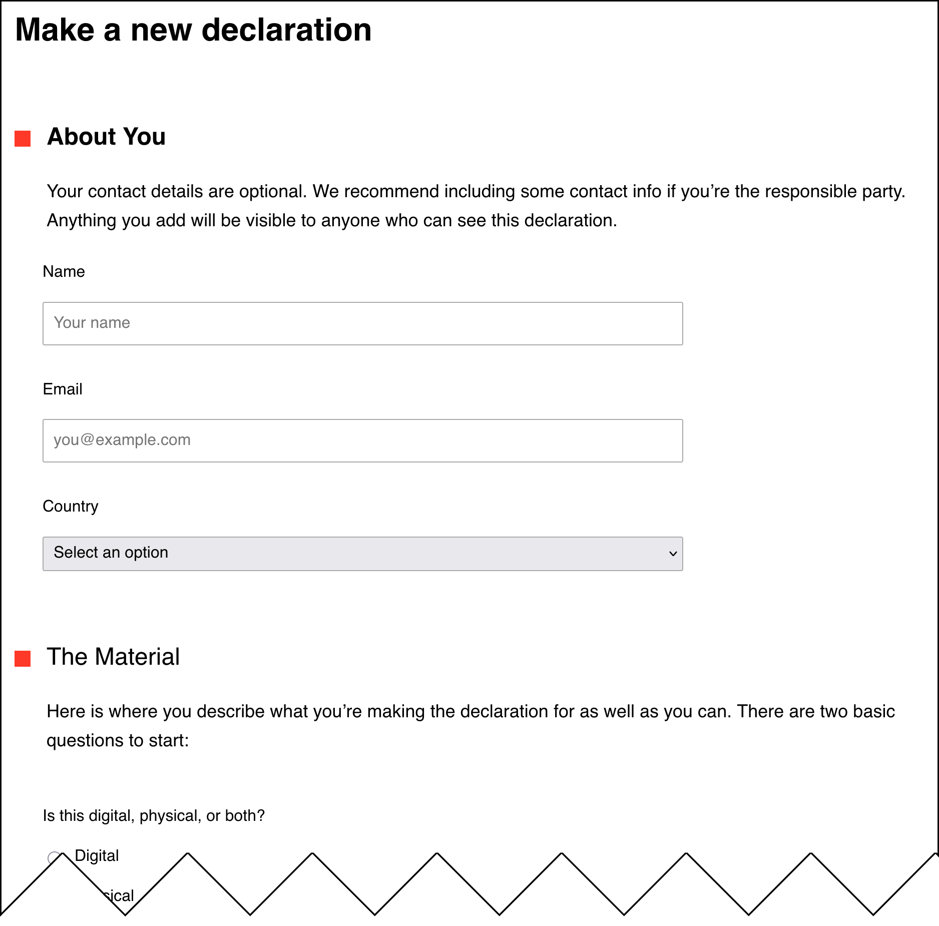 Screenshot of the start of the declaration maker