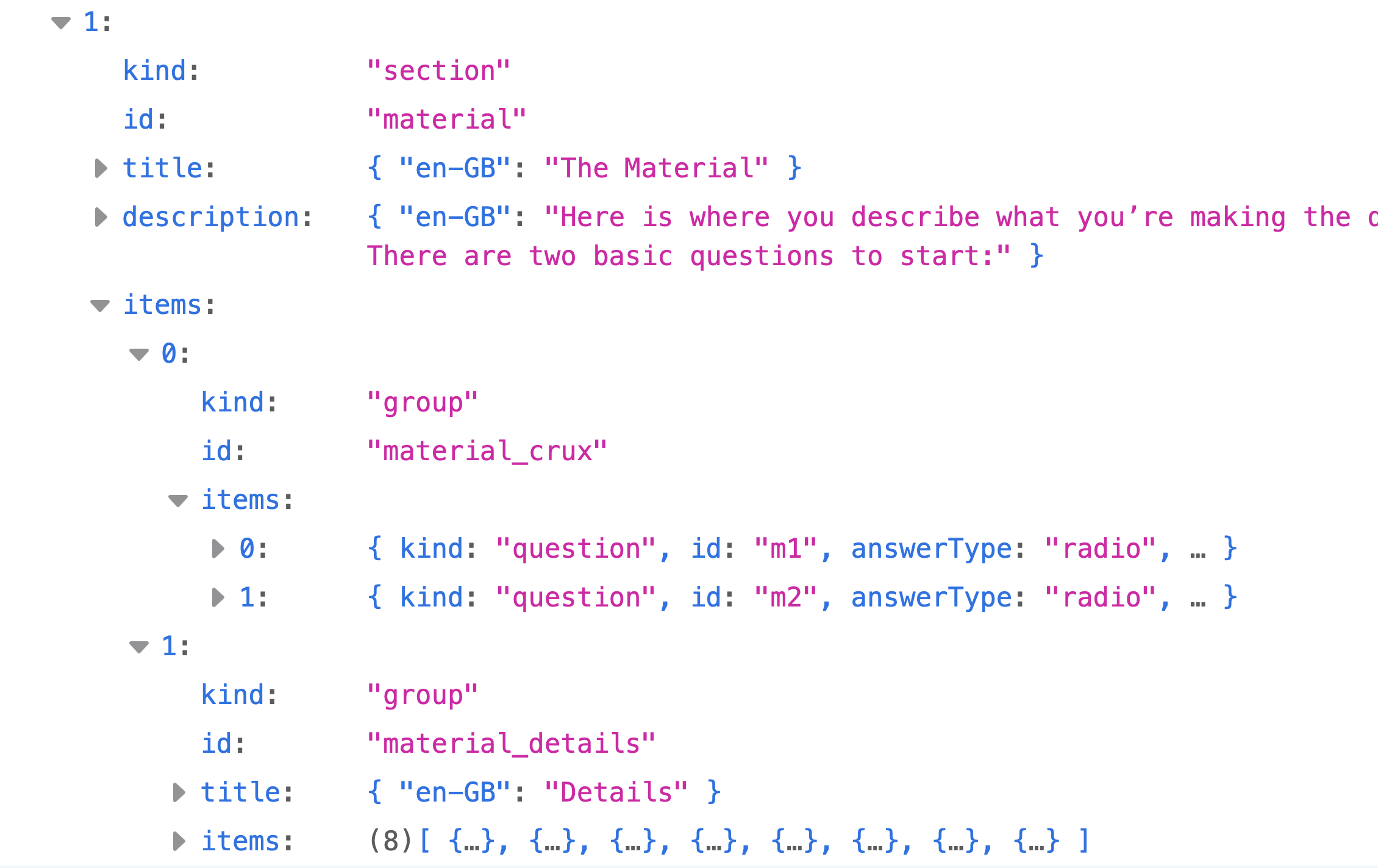 The second section, which contains groups, which questions are in.